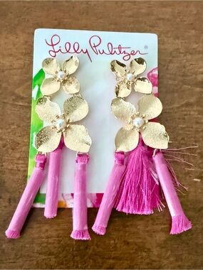 Lilly Pulitzer Gold Floral Tassel Earrings with Pink Accents